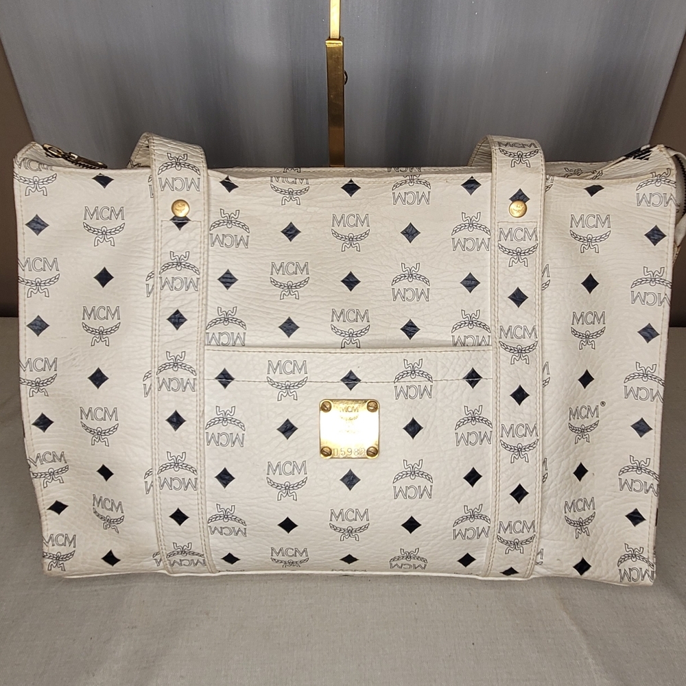 MCM Leather White Cream and Black Visetos Women's Tote Bag